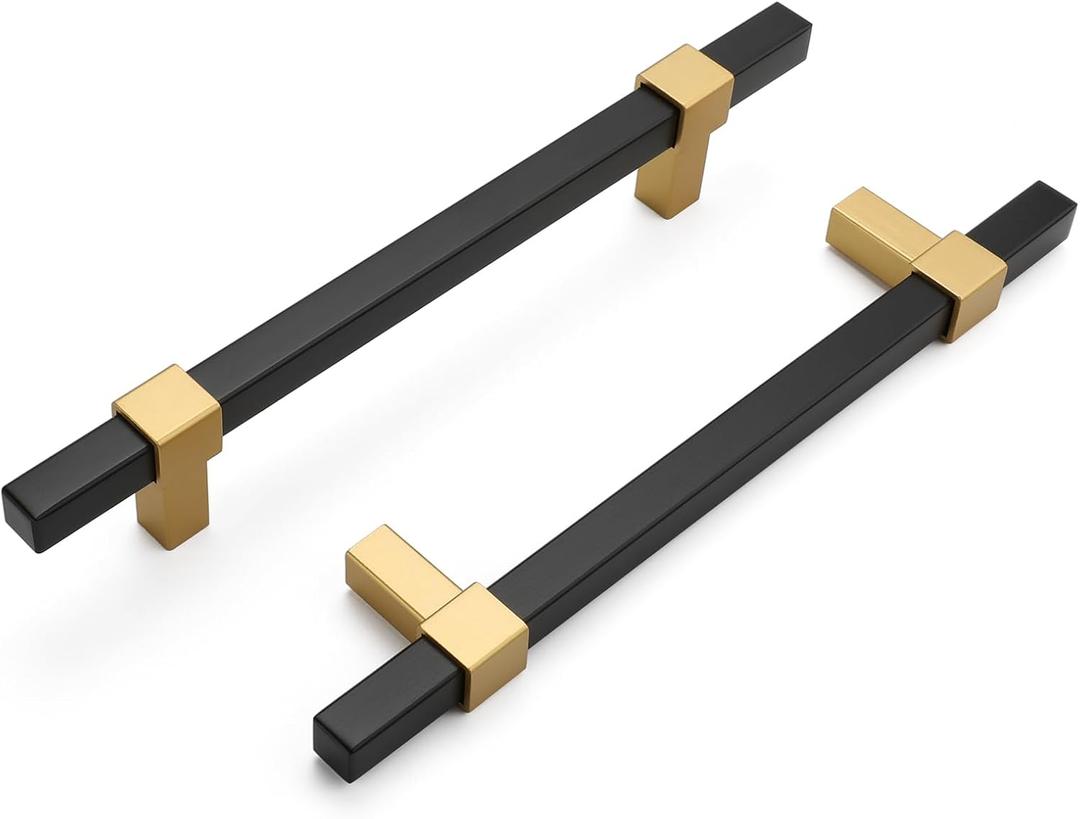 Haliwu 10 Pack Black and Gold Cabinet Handles, 5 inch Brass Dresser Drawer Pulls, Kitchen Hardware (5 inch (128mm) hole centers spacing)