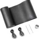 SEG Direct Genuine Leather Steering Wheel Cover, Stitch On Wrap, Breathable Cowhide Steering Wheel Wrap, Standard Size 15 Inch, for Car Truck SUV Pickup Boat, DIY Sewing with Needle Thread, Black