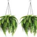 2 Set Fake Ferns with Hanging Baskets, Realistic Fake Hanging Plants, UV Resistant Artificial Ferns Outdoor Faux Plants for Front Porch Patio Garden Home Dcor, No Assembly Required