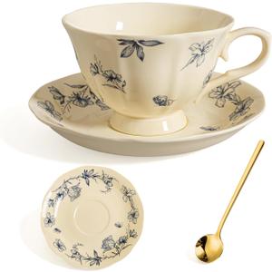 BOGZH Porcelain Vintage Tea Cup and Saucer Set for 1, 8 oz China Ceramic Coffee Mug with Gold Spoon, Small Latte Art Cappuccino Cup, Cream Blue Floral Design, tea party gifts for women