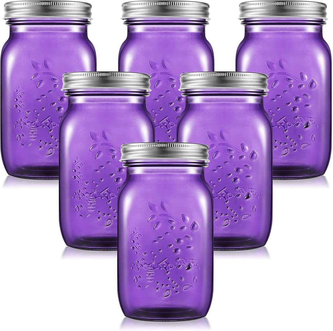 Yinder 6 Pack 32 oz Mason Jars with Lids Wide Mouth Colored Canning Jars Glass Container for Storage Canning Fermenting Pickling DIY Crafts Decoration Dishwasher Not Allowed (Purple)