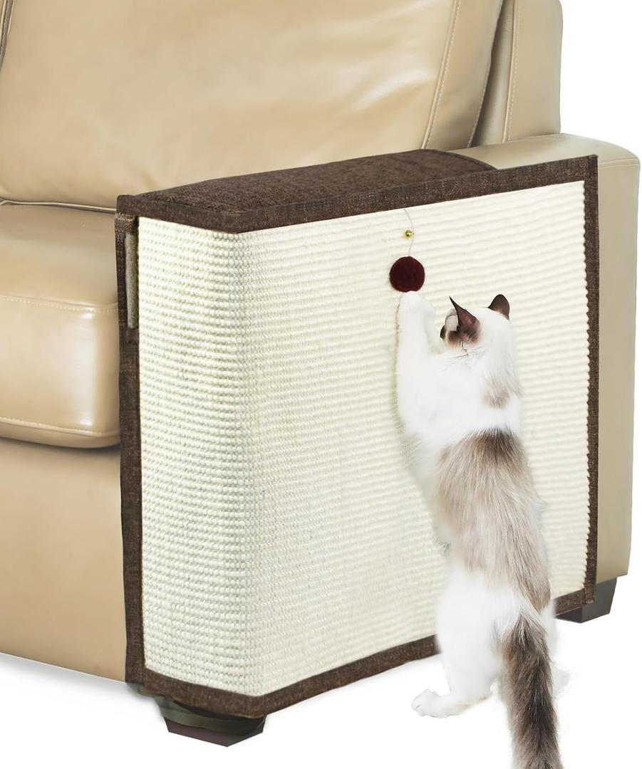 Upgraded Cat Scratch Furniture Protector, Cat Scratch Sofa Arm Shield with 27.6L*19.6W Natural Sisal and Scratch Ball for Protecting Couch Sofa Chair Furniture (Brown/Left Handed)