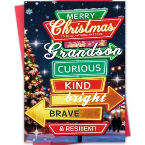 3 x Hongshan Christmas Card for Grandson,Christmas Holiday Card,Great Xmas Gifts Idea from Grandma Grandpa