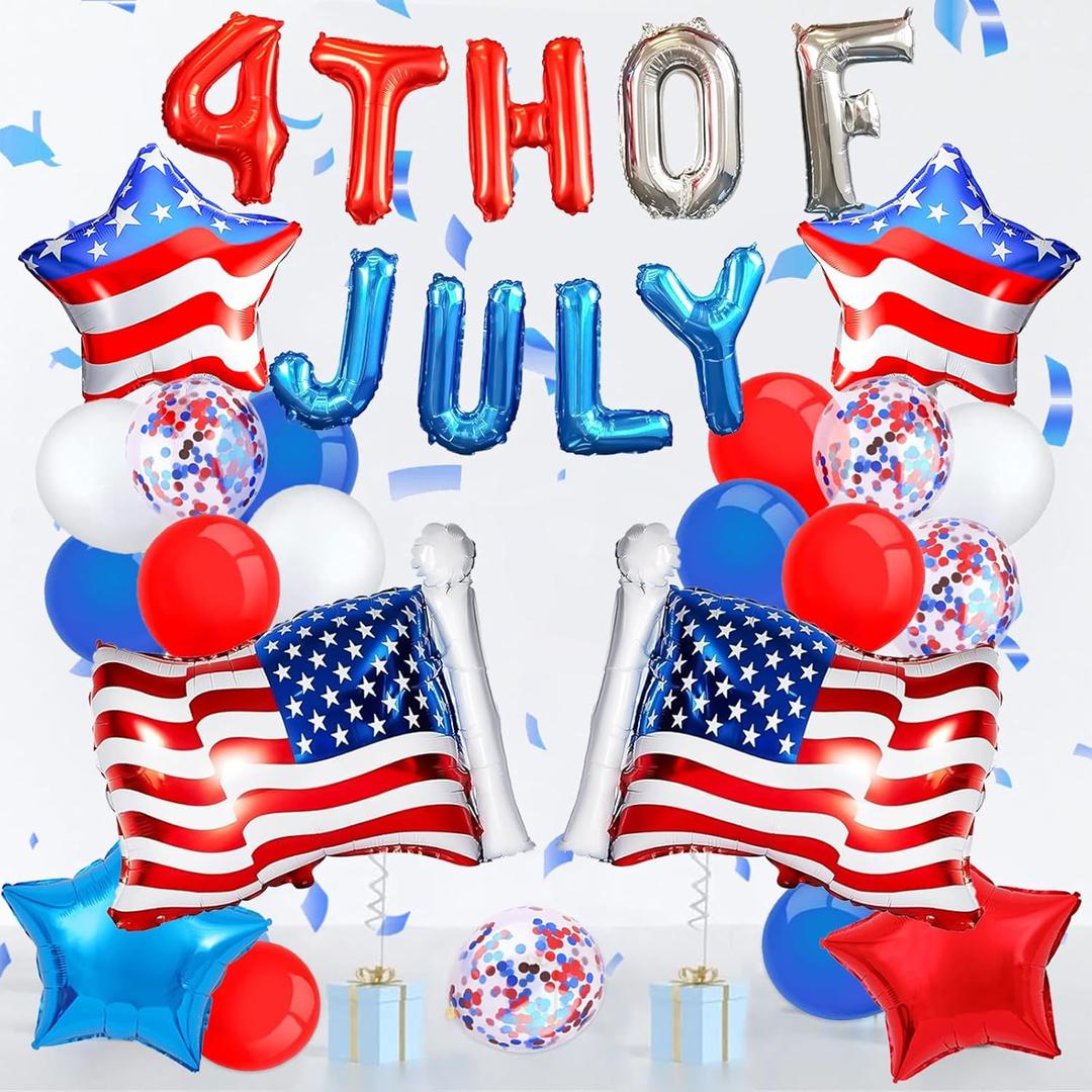 2 x 4th Of July Balloons 16 Inch, American Flag Balloons, 12 Inch Red White Blue Balloon And Star Balloon For Presidents, Patriotic, 4th Of July Decorations