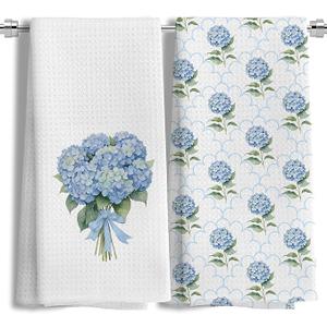 YLZlhb Spring Hydrangea Decor Kitchen Towels Set of 2, Spring Floral Hand Tea Towels for Bathroom Kitchen 16x24 Inch, Blue Hydrangea Decor
