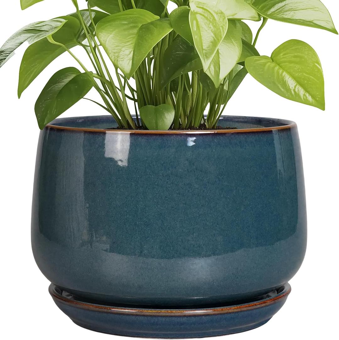 G EPGardening Ceramic Pots for Plants - 9 Inch Ceramic Planter for Indoor Plants, Round Planter with Drainage and Saucer, Modern Flower Pots for Outdoor, House Decor, Garden Gifts, Green