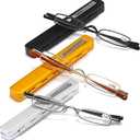 MMOWW Small Reading Glasses Men Women 3 Pairs Slim Pocket Readers with Pen Clip Metal Case Spring Hinge 1.75