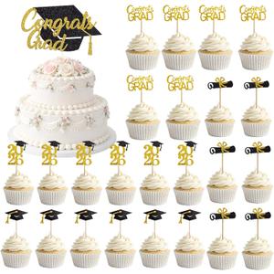 2026 Graduation Cupcake Toppers, 24+1 PCS Class of 2026 Cake Topper, Sparkling Black and Gold Grad Cap Diploma Picks for Graduation Party Decorations, Standard