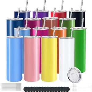 YOUKE OLA 16 Pack Skinny Tumblers 20oz Bulk Straight Stainless Steel Double Wall Vacuum Insulated Tumbler with Lid and Straw & Silicone Base for Travel, DIY, 16 Colors
