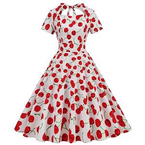 50s Red Cherry Dress Women 1950s Vintage Cocktail Swing Retro Rockabilly Short Sleeve Summer Print Cut Out Tie Back Flare A-Line Audrey Hepburn White Cherry, L