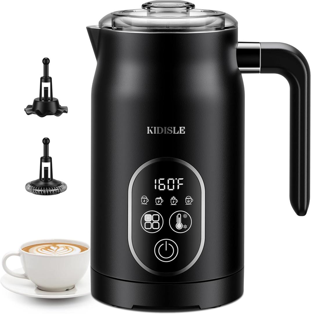 KIDISLE Milk Frother and Steamer 4 in 1, Milk Steamer with Auto Temperature Control, Warm & Cold Foam Maker, Hot Chocolate Maker, Frother for Coffee, Latte, Cappuccino, Black