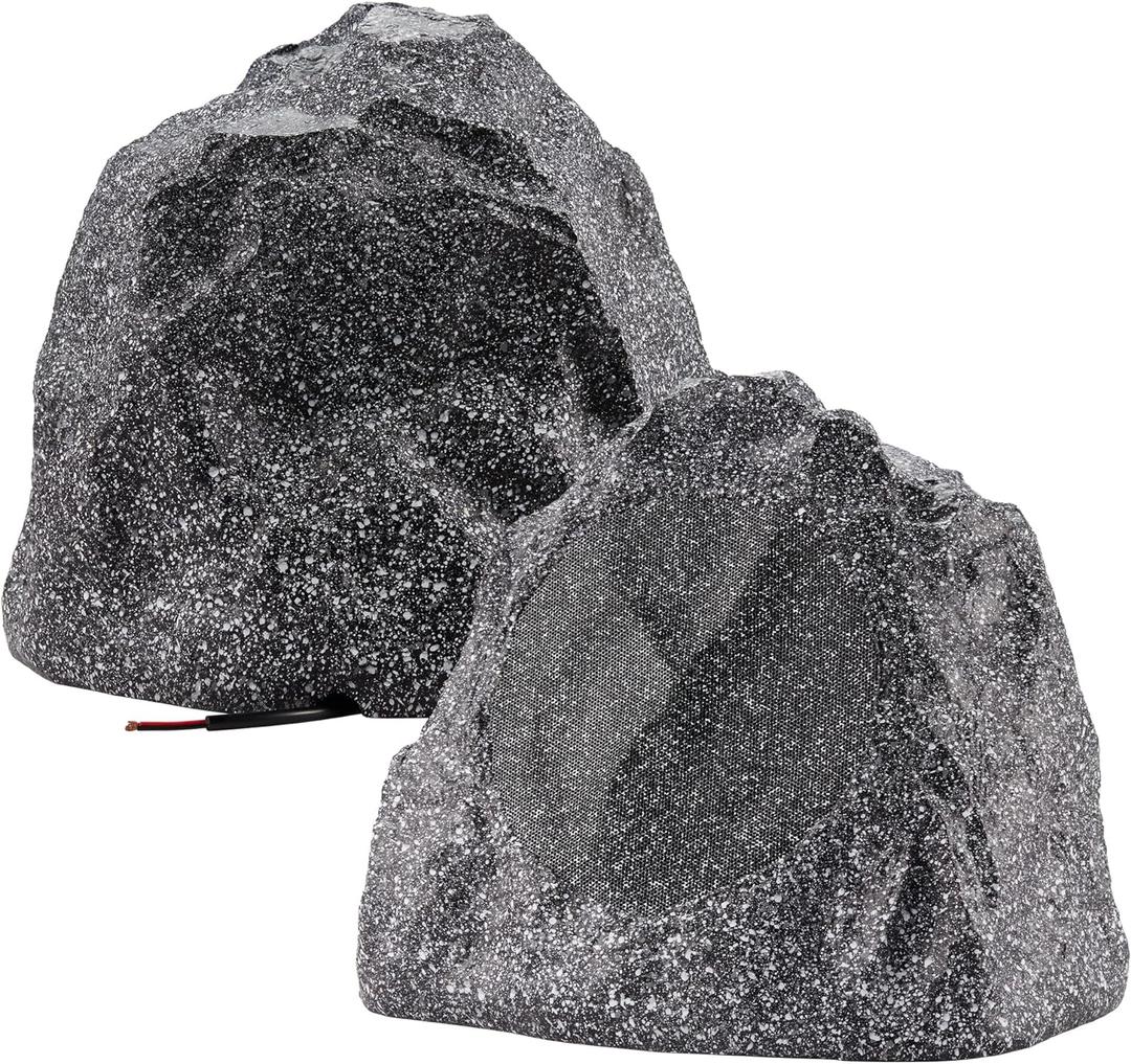 Theater Solutions 2R8G Outdoor Granite 8" Rock 2 Speaker Set for Deck Pool Spa Yard Garden, Granite Grey