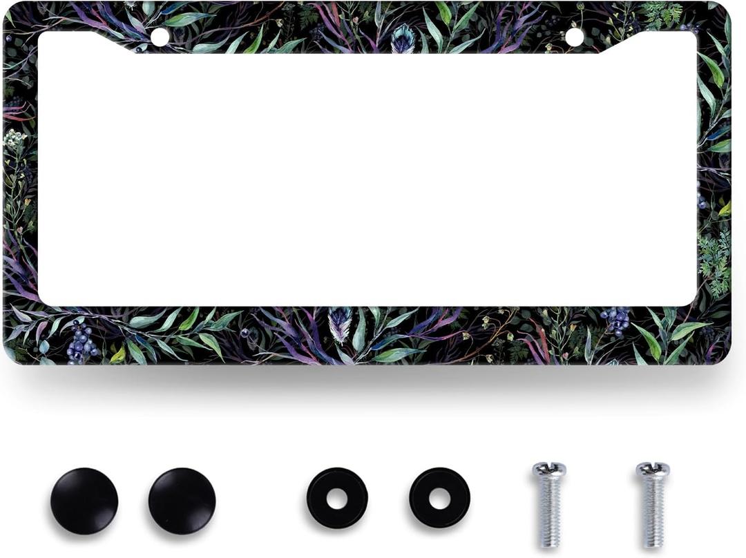 Colorful Leaves License Plate Frame Cute Floral License Plate Holder for Front and Rear Car Tags Stainless Steel Funny License Plate Car Decoration with Screws 12.2" x 6.2"