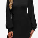 OFEEFAN Sweater Dresses for Women 2025 Fall Winter Puff Long Sleeve Crewneck Bodycon Fleece Ribbed Pullover Fashion Clothing, Black, XXL