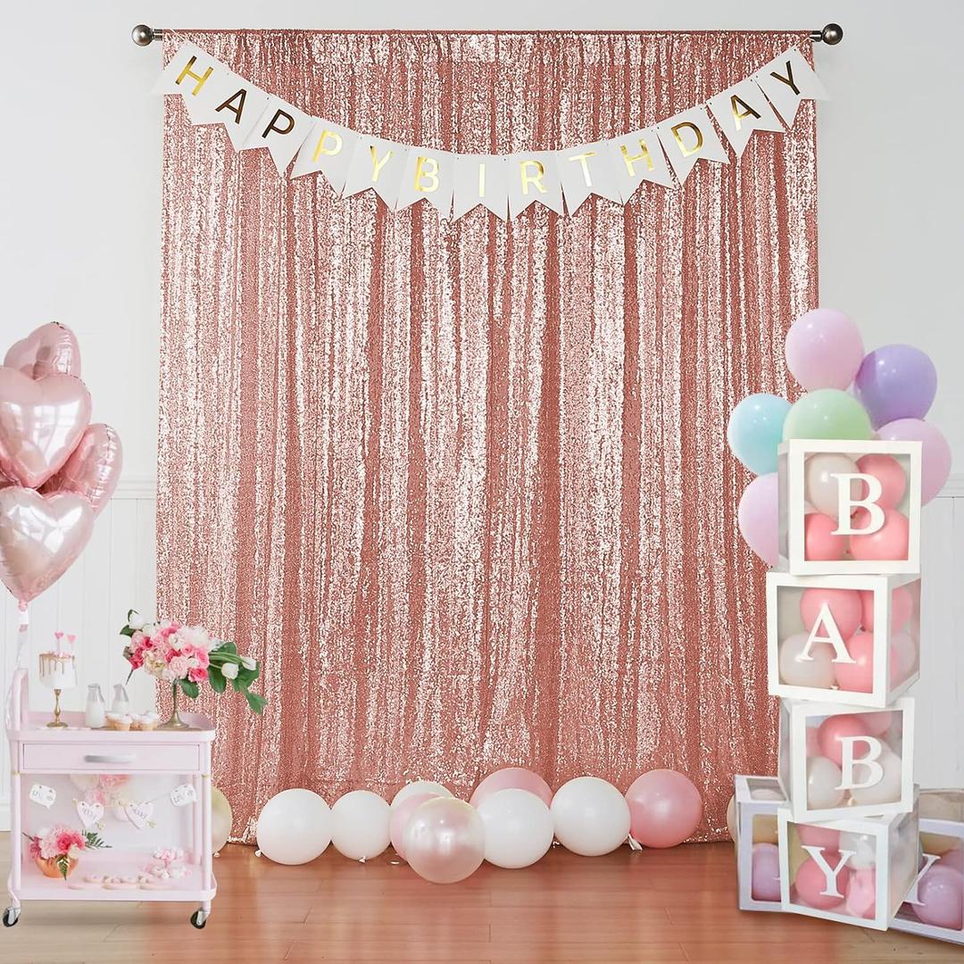 Rose Gold Sequin Backdrop Curtain 4 Panels 2FTx8FT Glitter Rose Gold Background Drapes Sparkle Photography Backdrop for Party Wedding Birthday Wall Decoration