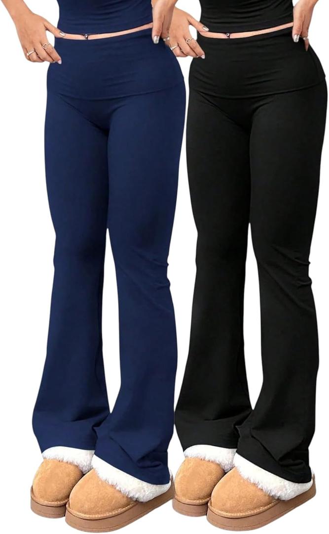 3 Piece Women's Flare Leggings High Waisted Tummy Control Yoga Pants Black Bootcut Wide Leg Leggings Workout Pants (Medium, Navy Blue Black)