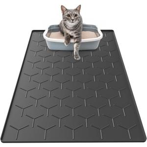 Silicone Cat Litter Trapping Mat, Large Waterproof 34" X 22" Cat Litter Box Mat, Easy to Clean, Black