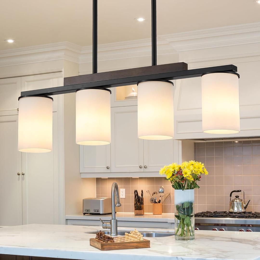 Mecgirn Farmhouse Dining Room Light Fixtures Over Table, Black Pendant Lights for Kitchen Island with Milk Glass Shade, 4 Light Linear Chandelier Lighting with Wood