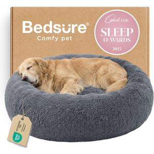 Bedsure Calming Dog Bed for Extra Large Dogs - Donut Washable Large Pet Bed, 45 inches Anti-Slip Round Fluffy Plush Faux Fur Dog Bed, Fits up to 120 lbs Pets, Dark Grey