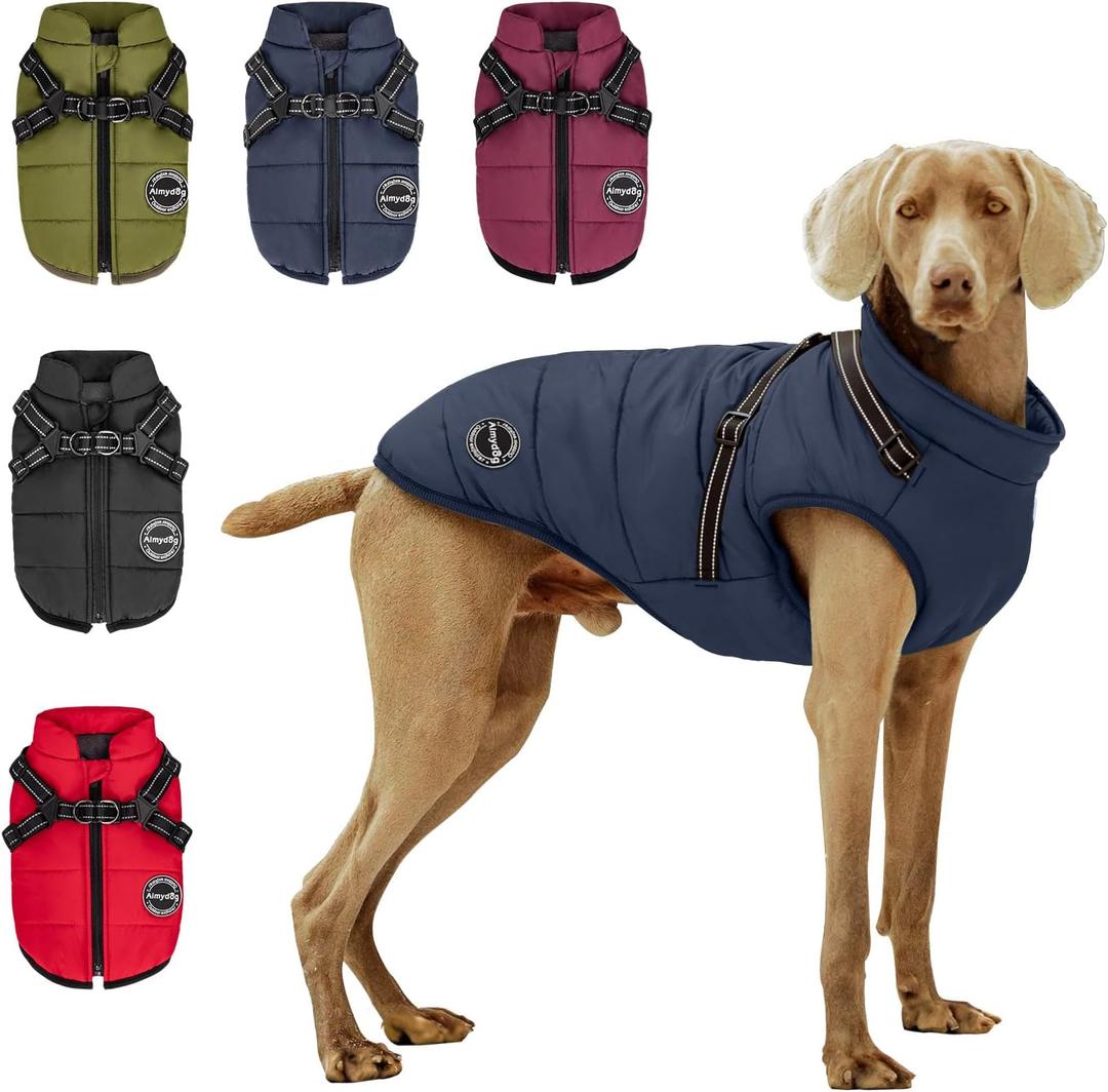 Warm Dog Winter Coat, Dog Cold Weather Jacket with Built-in Harness, Reflective & Adjustable Comfortable Pet Vest, Windproof Apparel for Large Dogs (Navy) (Blue)