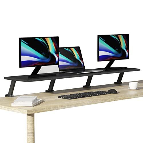 Extra-Large 45-Inch Wood Clamp On Desk Monitor Shelf with Spacious Storage Space - Fits 60-inch or Dual 32-inch Screens, C-Clamp Design with Rubber Pad, Max Load 44lbs