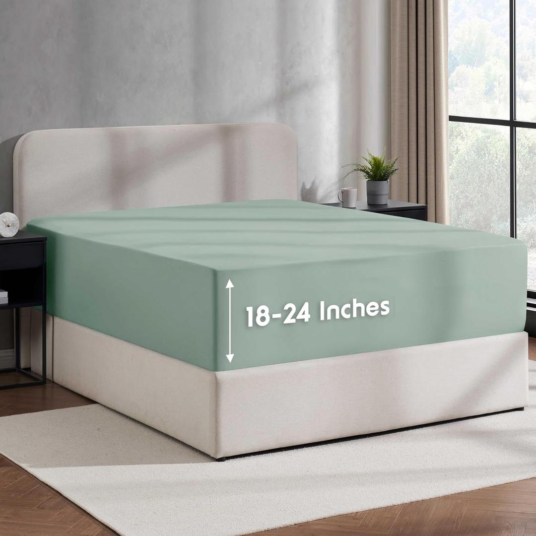 Nestl Sage Green Extra Deep Pocket King Fitted Sheet Only, Hotel Luxury King Size Fitted Sheets Easily Fits 18 to 24 Inch Mattress, Super Soft, Wrinkle-Free, and Breathable Sheets with Corner Straps