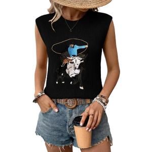 SHEWIN Women Summer Sweater Vest Sleveless Printed Tops Business Casual 2026 (Black, L)