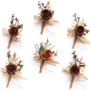 Ling's moment Boutonniere for Men, 6pcs Groom Groomsmen Boutonniere, Artificial Flowers for Wedding Decor/Prom/Homecoming, etc.Terracotta Orange