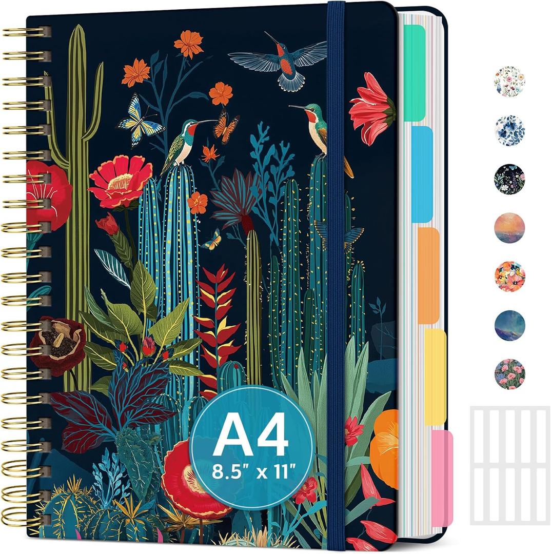 Large Spiral Lined Notebooks for Work with Removable Dividers & Tabs, 8.5"x11" Pretty Hardcover 5 Subject Notebook Journal for Women, College Ruled, Perfect for Study & Office Organization, 280 Pages,Cactus Garden