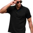 ABAFIP Men's Knit Short Sleeve Polo Shirt Ribbed Knitted Casual Summer Texture T Shirts V Neck Golf Tee (Black, XL)