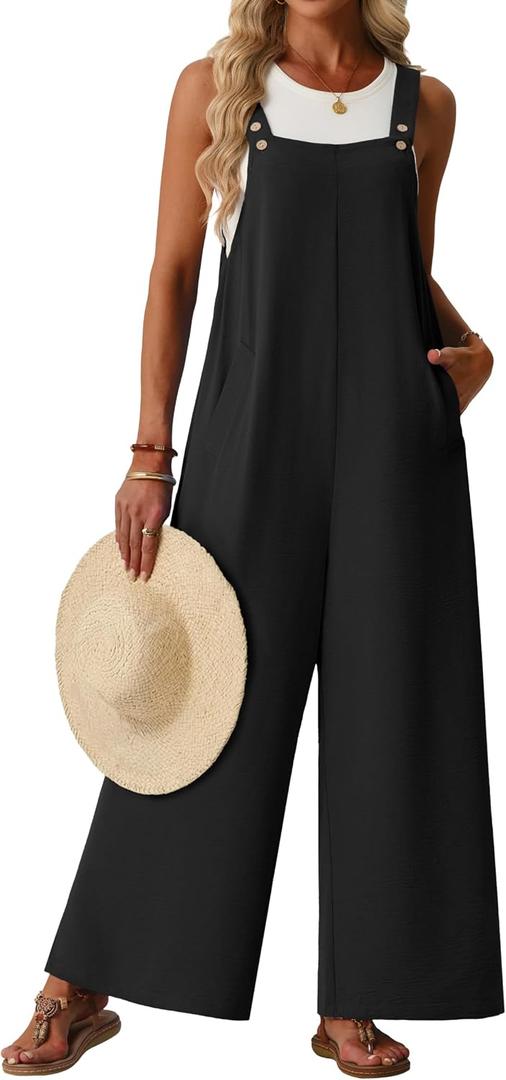 Lepunuo Jumpsuits for Women Summer Casual Boho Wide Leg Overalls Adjustable Floral Sleeveless Rompers with Pockets, Black, M