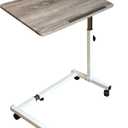 Recliner Table, Over The Bed Table with Wheels, Adjustable Width & Height, with Split-Tilt Design & 4 Caster Wheels with Brakes (White Base & Wood Grain Tabletop)