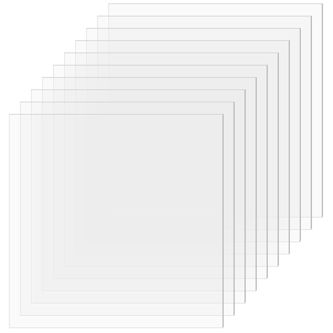 TKOnline 10 PCS Plexiglass Sheets, 12" x 12" x 0.02 Clear PET Sheet Panels, Clear Acrylic Plastic Sheet for Picture Frame, Invitations, Poster Frames Plastic Board