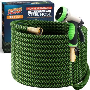 PowerFlow Garden Hose, NON-EXPANDABLE 25 Feet Premium Quality Stainless Steel Metal Water Hose with Durable Fabric Skin, Hose For Commercial, Residential Use, Bonus 10-way Spray Nozzle (25 Ft, Green)
