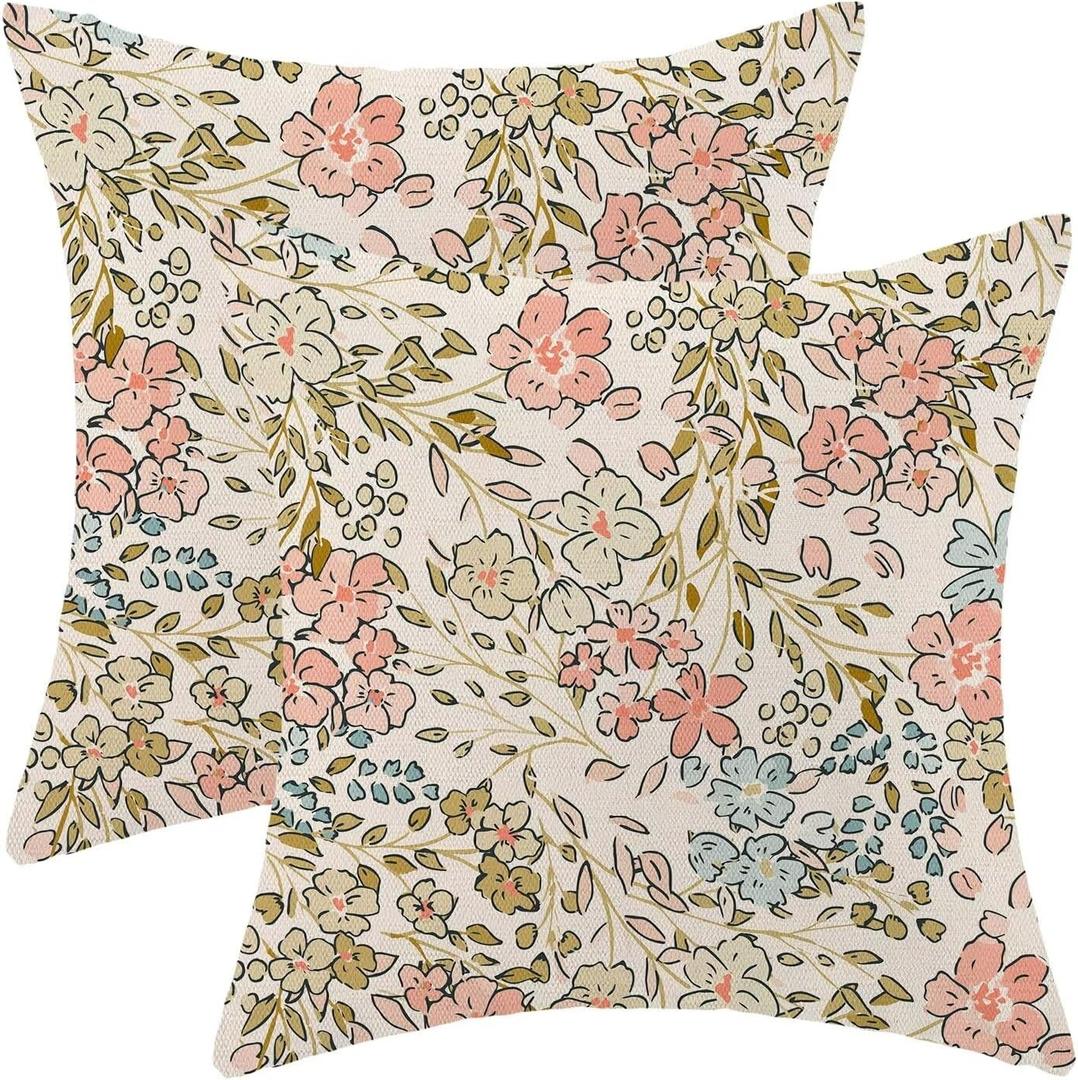 Spring Pink Floral Pillow Covers 18x18 Inch Set of 2, Cute Flower Pattern Outdoor Decorative Wildflowers Throw Pillows Watercolor Couch Cushion Case for Chair Sofa Bedroom Living Room