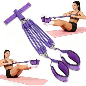 Pedal Resistance Band with Handle - 8-Tube Adjustable (20-80LBS) for Full Body Workout, Home Gym, Yoga & Strength Training Non-Slip Grips & Foot Pedal (Purple)