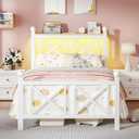 DynJest Twin White Bed Frame with Headboard and Footboard, Storage Shelf with LED Lights and Charging Station, Strong Metal Slats Support, No Box Spring Needed, Under Bed Storage, Easy Assembly