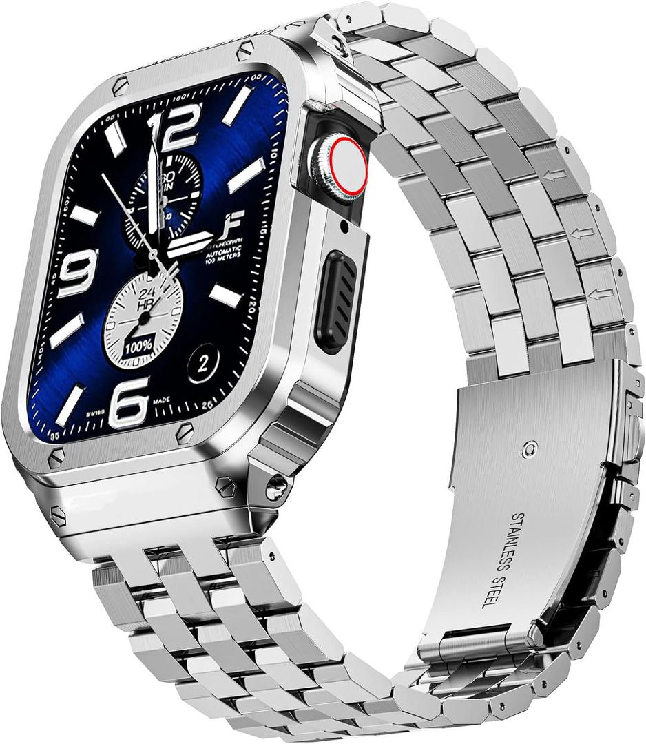 SUPLINK Stainless Steel Case and Band Compatible with Apple Watch Bands 45mm for Men, Metal Rugged Protector Cover Adjustable Strap for iWatch Apple Watch Series 9 8 7 (Silver) (45mm(series 9/8/7))