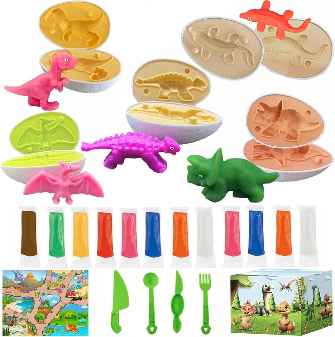 Christmas Stocking Stuffer Playdough Dinosaur Eggs Sets, Easter Basket Stuffers for Toddler, Playdough Sets for Kids Ages 4-8, Easter Dino playdoh Dinosaur Play Dough Eggs Molds Toys Gifts