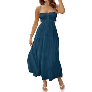 Fisoew Women's Spaghetti Strap Maxi Dress Summer Sleeveless Side Cut Out Dress Casual Boho Backless Flowy Long Dresses, Size L