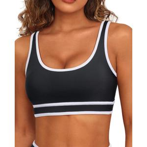 Women Sports Bra Bikini Top Athletic Bathing Suit Swimsuit Top for Teen Girls (Medium, Black White)