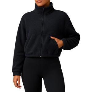 PINKMSTYLE Women Zip Up Fleece Sherpa Jacket Coat - Winter Warm Trendy Cropped Sweatshirt for Casual,Workout (Medium, Black)