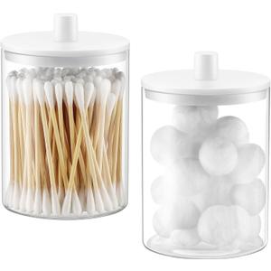 TIPGO Glass Qtip Holder Dispenser for Bathroom - 10 oz Clear Canister Apothecary Jar for Cotton Swabs, Balls, Pads, Floss Picks, Small Containers for Makeup Storage Organizer (2 Pack, White)