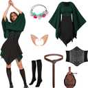 7 Pcs Women Elf Renaissance Costume Medieval Dress Traditional Irish Dress, Elf Cosplay Costume for Women Halloween (Large, Green and Black)