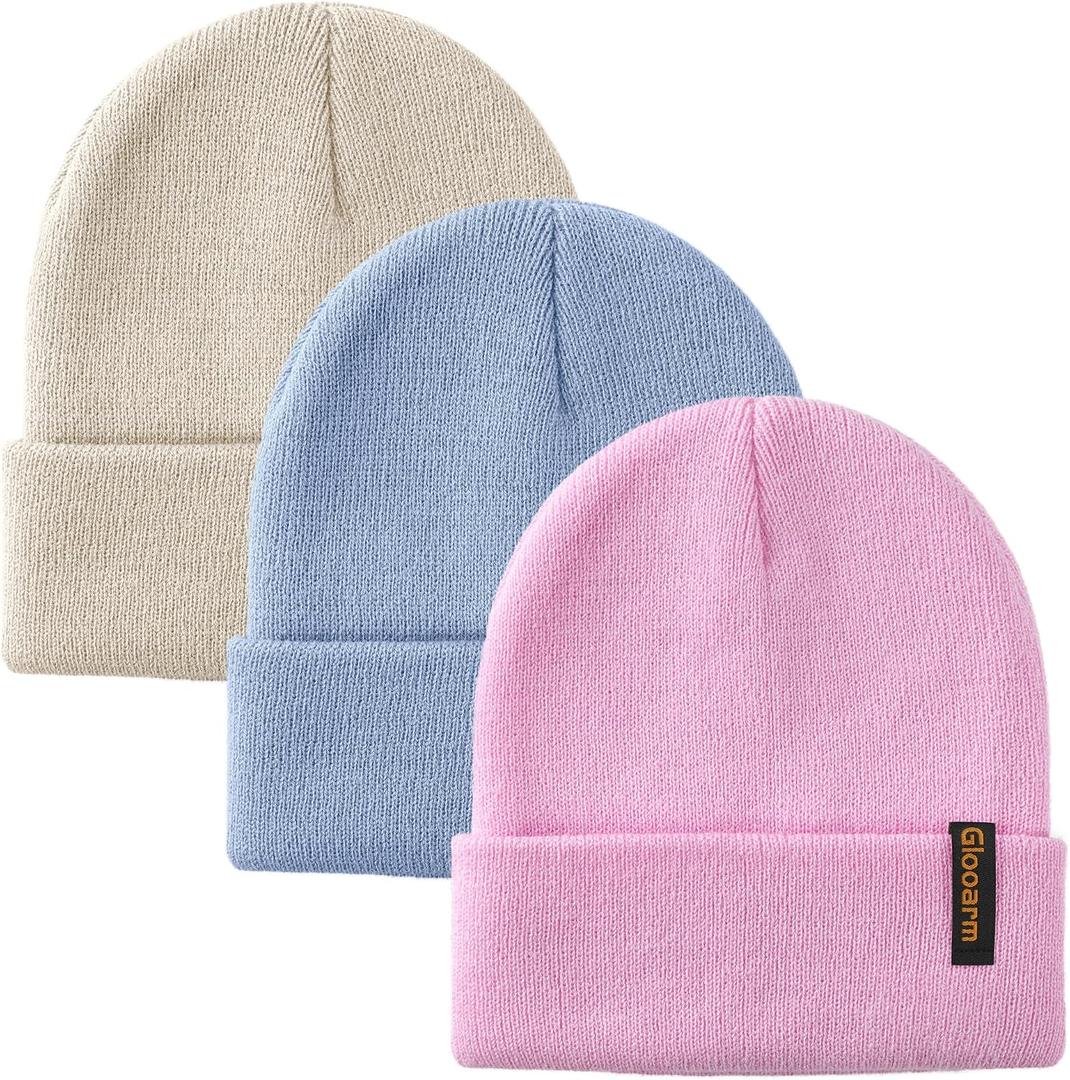Glooarm 3 Pack Toddler Beanie Kids Beanie Winter Hats Knit Ribbed Boys Girls Beanies Warm Cuffed Caps (Blue)