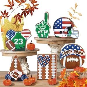 Uruney Fall Football Tiered Tray Decor, Autumn Sport Game Gnome Tray Decorations, Touch Down Rugby Jersey Helmet Wooden Signs, Farmhouse Rustic Home Decor for Football Fans Club Bars Table Shelf