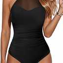 Daci Tummy Control One Piece Swimsuits - Women High Neck Mesh Bathing Suit Swimwear (Black, L)