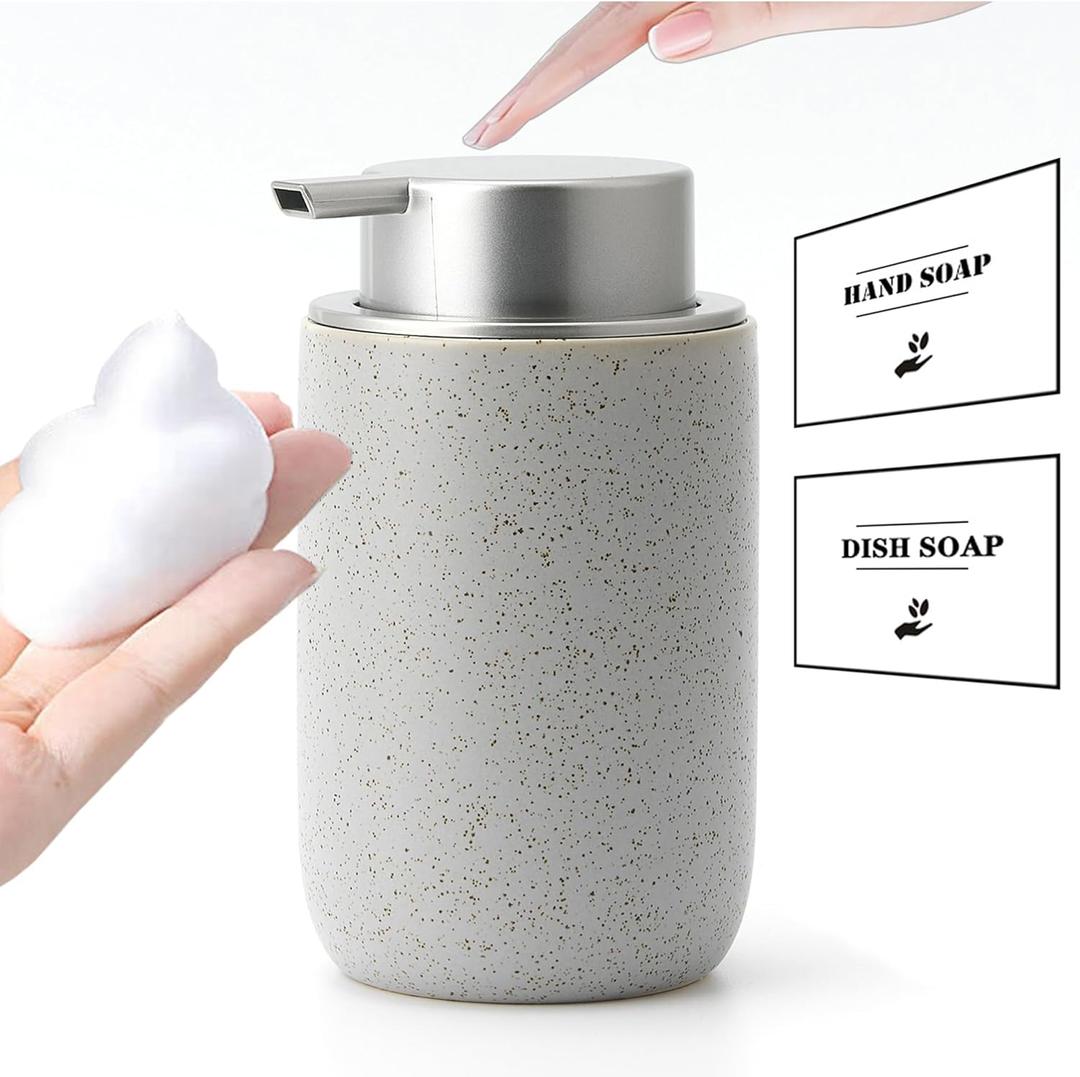 Gray Foaming Soap Dispenser,Ceramic Foam Dispenser with Silver Plastic Soap Pump for Bathroom&Kitchen,Refillable Soap Dispenser,12oz Hand Soap Dispenser