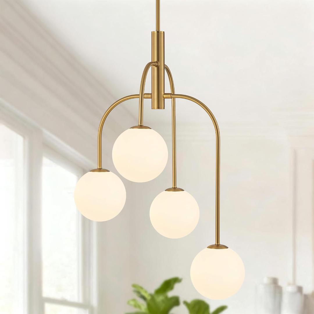 LamQee 4 Lights Mid Century Modern Chandelier, Milk Glass Globe Chandelier Light Fixture with Gold Metal & White Ball, Large Pendant Lighting Ceiling Hanging for Dining Room Kitchen Island Entryway