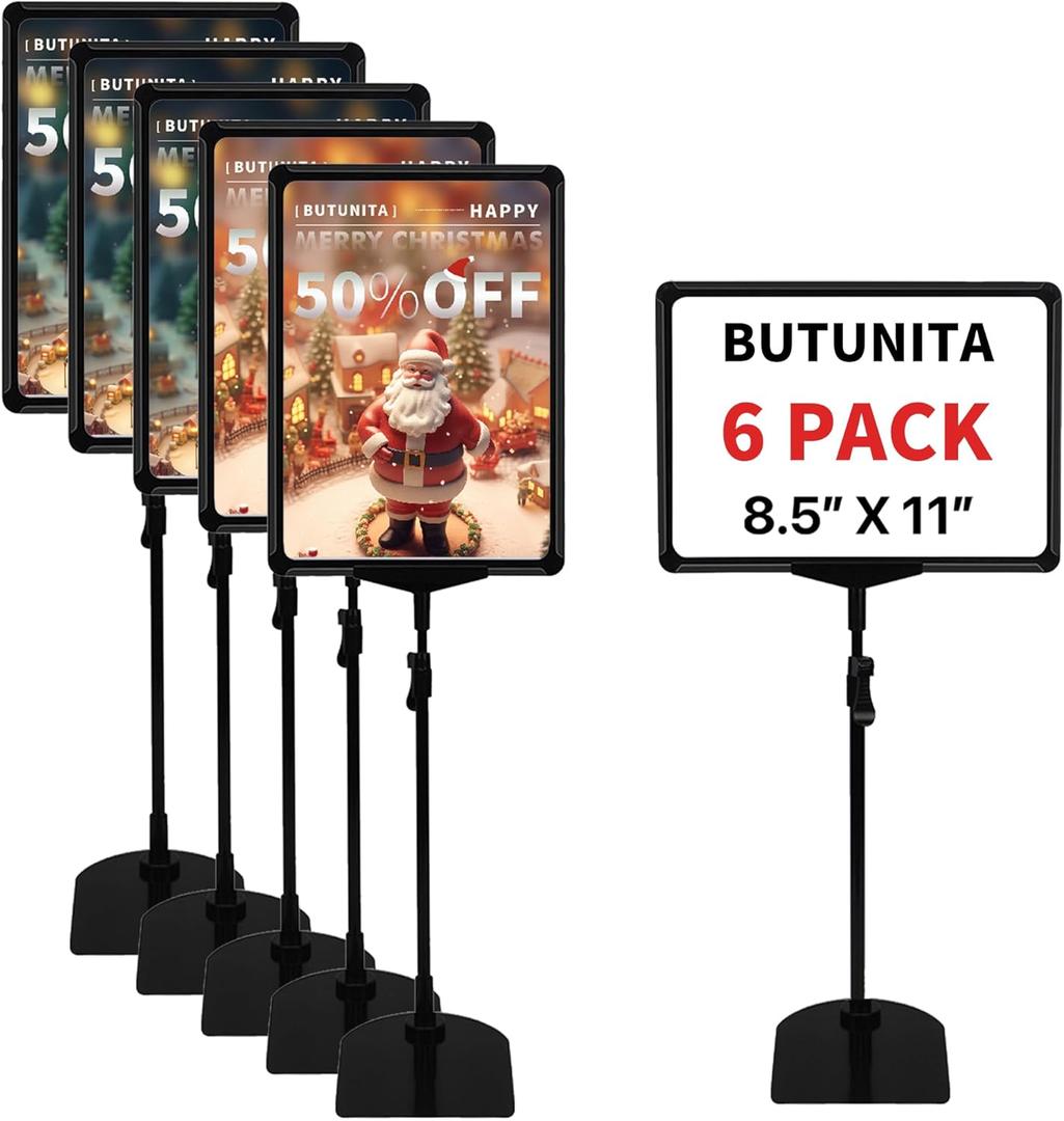 Adjustable Sign Holder - 8.5 x 11 Inch, Table & Floor Stand, Vertical & Horizontal Display, Black (6Pcs)